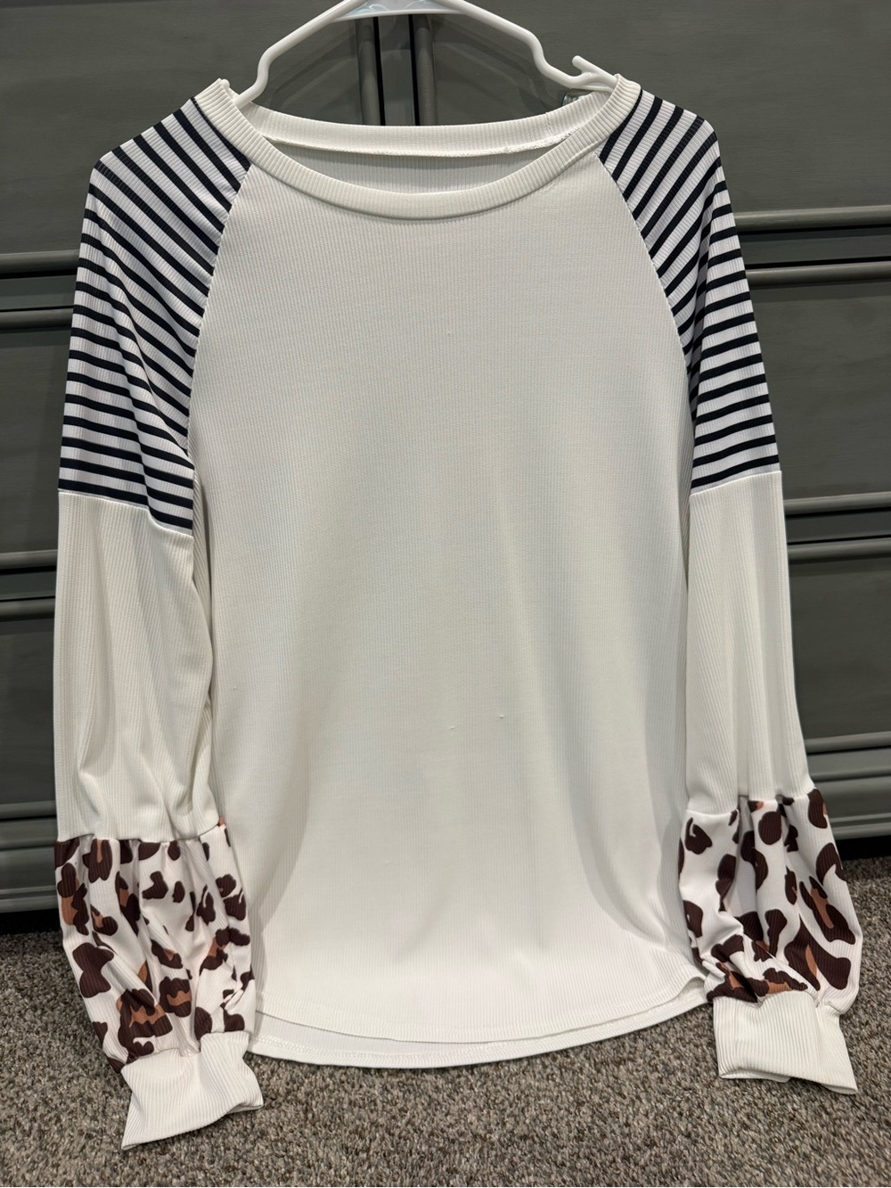 Women’s White Raglan Top with Navy Stripes & Brown Leopard Cuffs
